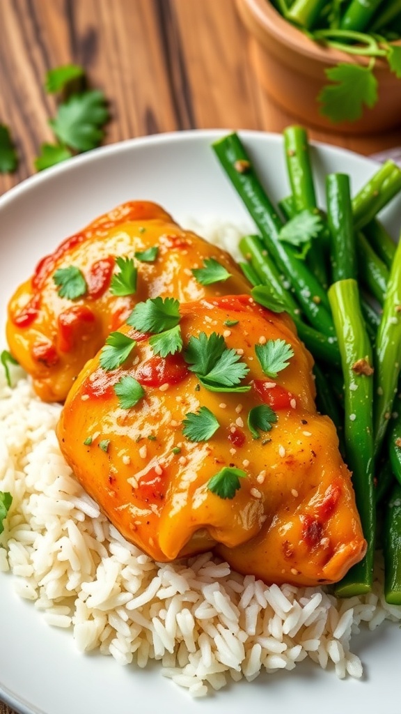 Lemongrass chicken served with rice and vegetables, garnished with cilantro.